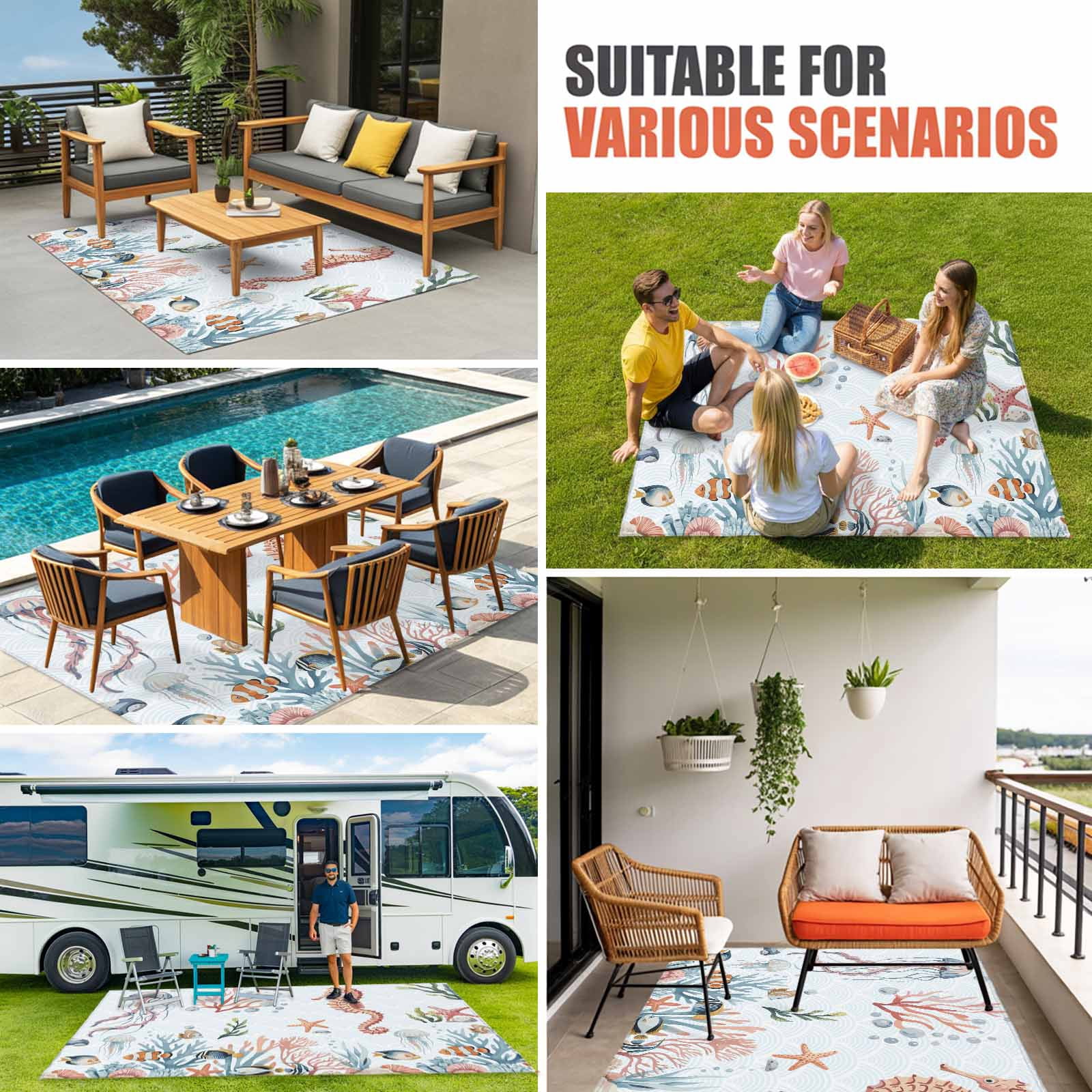 Seahorse Coastal Outdoor Rug 3x5 Ft, Non Slip Washable Area Rug, Summer Beach Ocean Shell Jellyfish Starfish Patio Rugs Carpet Runner, Large Floor Mat for Indoor/Outdoor Deck Porch Camping