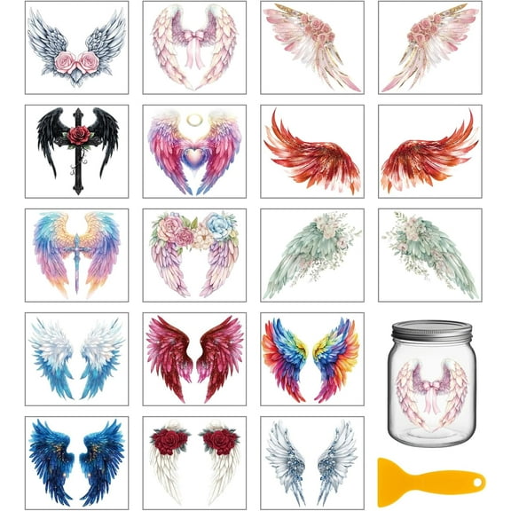 18 Sheets Colorful Angel Wings Transfer Stickers 3.9x3.6inch Flower Transfer Decal Rub on Transfer for Cup Decal Vase Glass Art Crafts Decorations diy