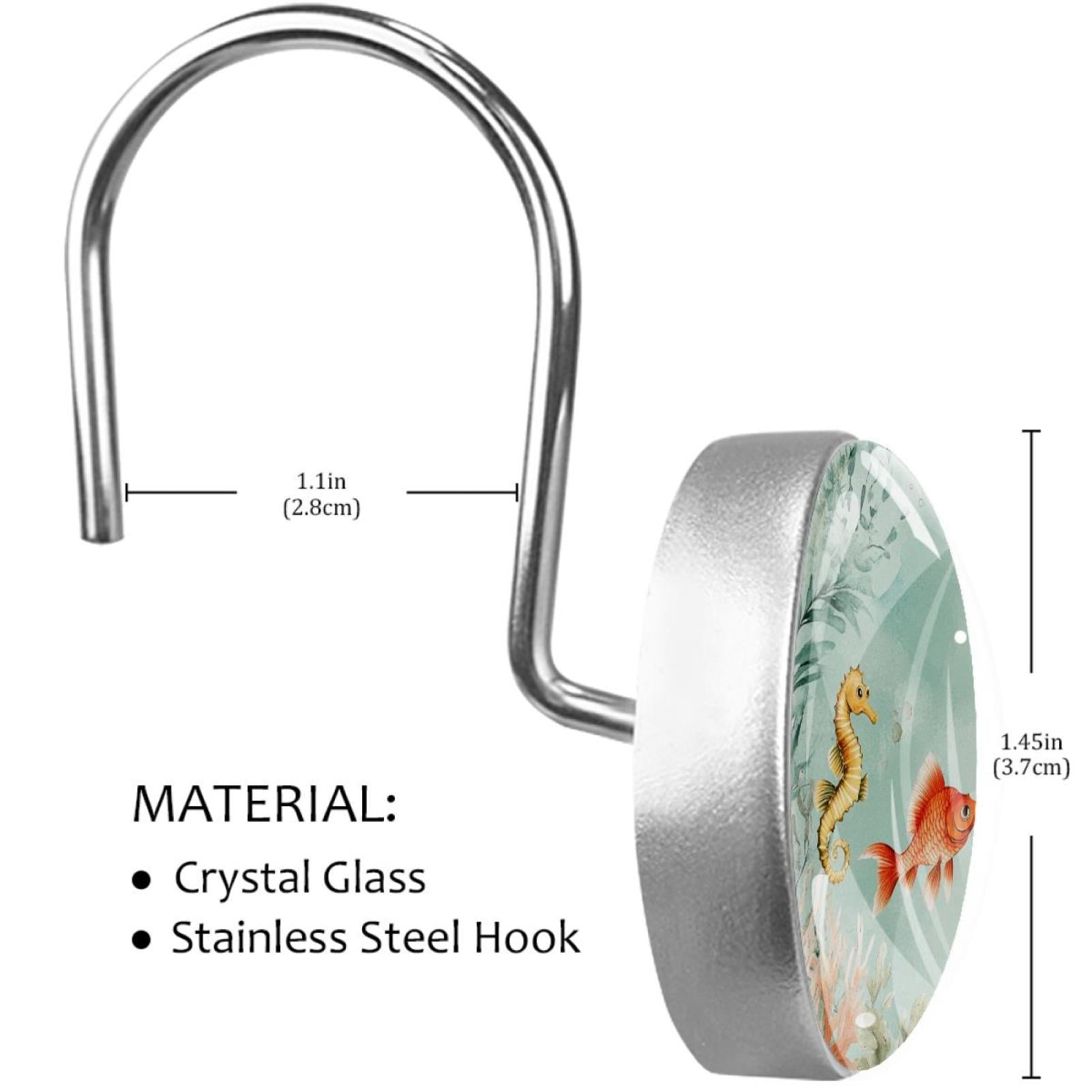 Underwater Seahorse Fish Shower Curtain Hooks Round Crystal Glass, Set of 12 Shower Curtain Rings - Shower Hooks for Curtain Shower Rings