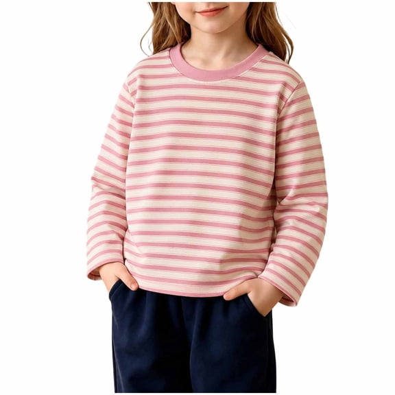 fatyb Girls Boys Long Sleeve Striped T-Shirts Crew Neck Casual Soft Cotton Tops Everyday Wear for Kids