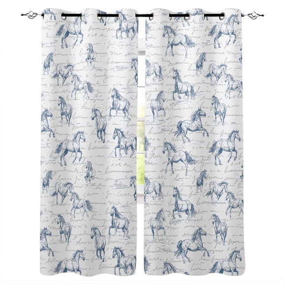 Blue Horse Blackout Curtains 63 Inches Long, Watercolor Vintage Animals Thermal Insulated Black Out Curtains, Darkening Window Curtain Drapes for Bedroom Living Room 42"x63" 2 Panels