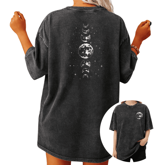 Black Washed Minimalist Moon Phase Print Tshirt Graphic Tees Shirts S-2XL Mystical Star Graphic Tops