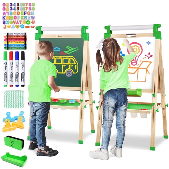 JOYOOSS 28"-29" Adjustable Wood Double-Sided Whiteboard and Chalkboard Art Easel with Drawing Paper, Chalk, Markers, Erasers, Magnetic Letters