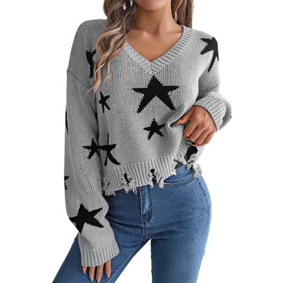 GBSYEWXS Sweaters For Women Outwear Warm Pullover Long Sleeve V-Neck Star Print Grey Sweater