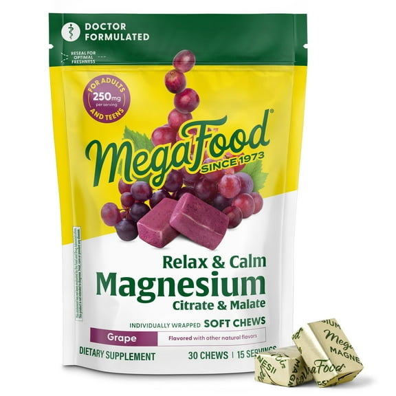 MegaFood Relax   Calm Magnesium Soft Chews - Citrate & Malate - Grape Flavor - 15 Servings