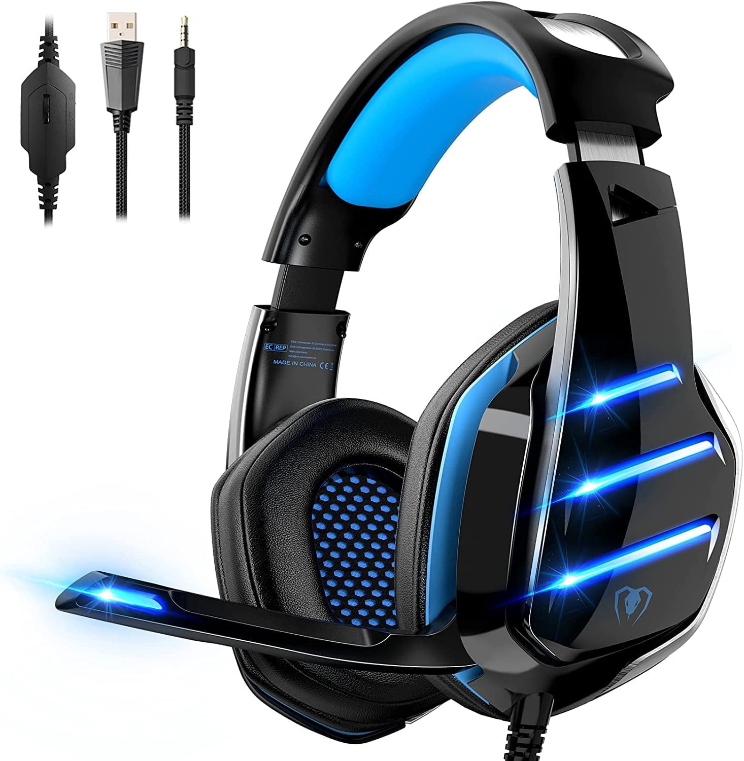 Beexcellent Gaming Headset for PS4 PS5 Switch Xbox One PC with RGB Light, Noise Canceling Mic, Surround Sound Gaming Headphones (Black Blue)