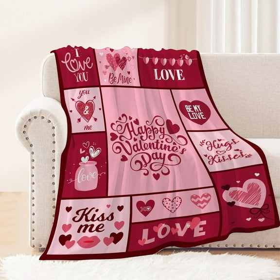 Valentines Day Throw Blanket Twin Size 60 by 80 Pink Plaid Love Heart Blanket Girlfriend Wife Couple Gift Blanket for Couch Bed Soft Cozy Fuzzy Fleece Blankets and Throws 60x80