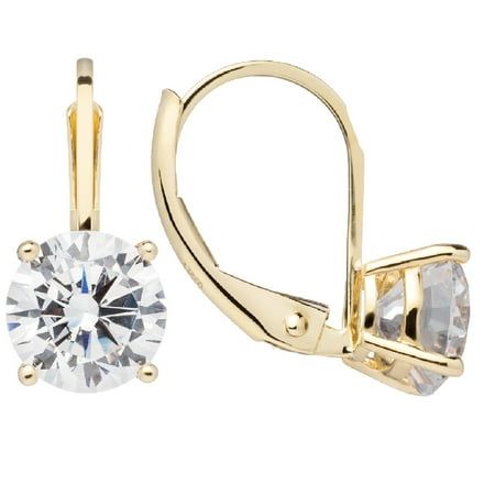 14K Solid Yellow Gold Earrings | Round Cut Cubic Zirconia | Leverback Drop Dangle Basket Setting | 2.0 CTW | With Gift Box