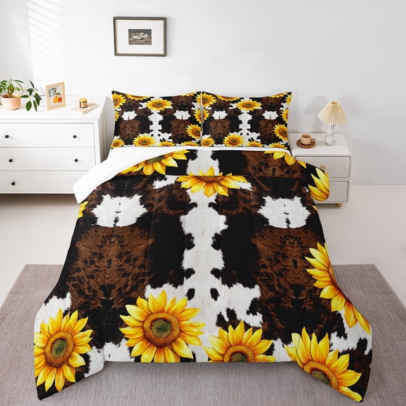 Sunflower Cow Comforter Set for Cabin Decor, Highland Cow Animal Bedding Set, Yellow Floral Quilted Duvet,Wildlife Farmhouse Cow Cowhide Down Comforter Twin Size with 1 Pillow Sham