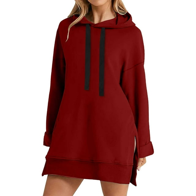 Duoif Chandail en Molleton pour Femmes, Robe à Capuche Longueur Genou, Long Chandail-Over, Hauts à Capuche Séparés, Automne Hiver, Chandail en Peluche pour Femmes, Rouge 3 TG