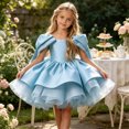 thumbnail image 2 of Girls Satin Mini Princess Dresses Cape Sleeve Neck Ruffle Tiered Gowns for Wedding Birthday Party Evening Ceremony Sky Blue 11-12 Years, 2 of 6