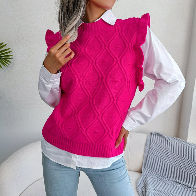 VSSSJ Women's Cute Ruffle Sleeve Rhombus Knitted Sweater Vest