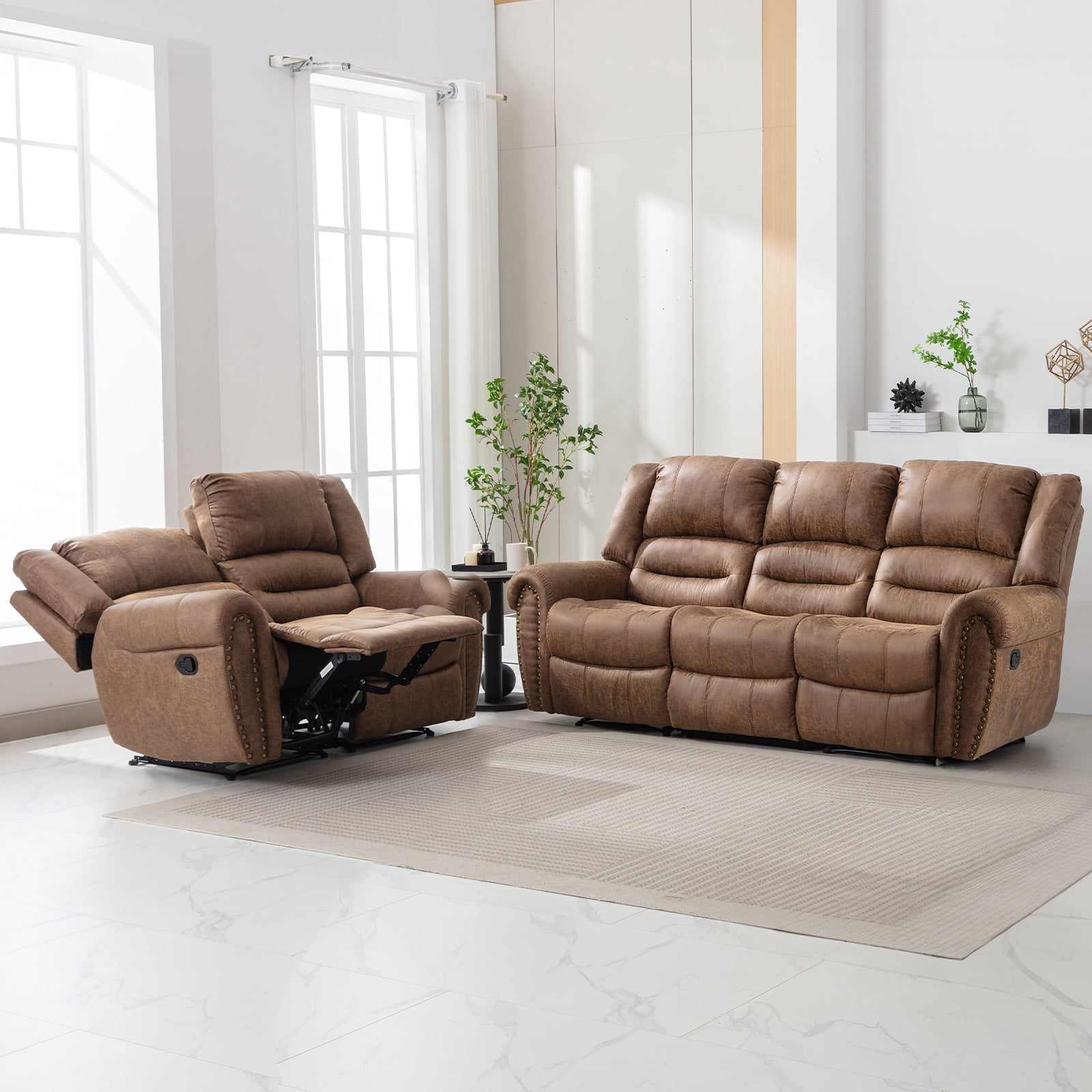 Bonzy Home Manual Recliner Sofa Living Room Furniture Set, Manual Recliner Chair Adjustable Backrest, Manual Loveseat and 3 Seat Recliner Sofa Couch Set for Living Room
