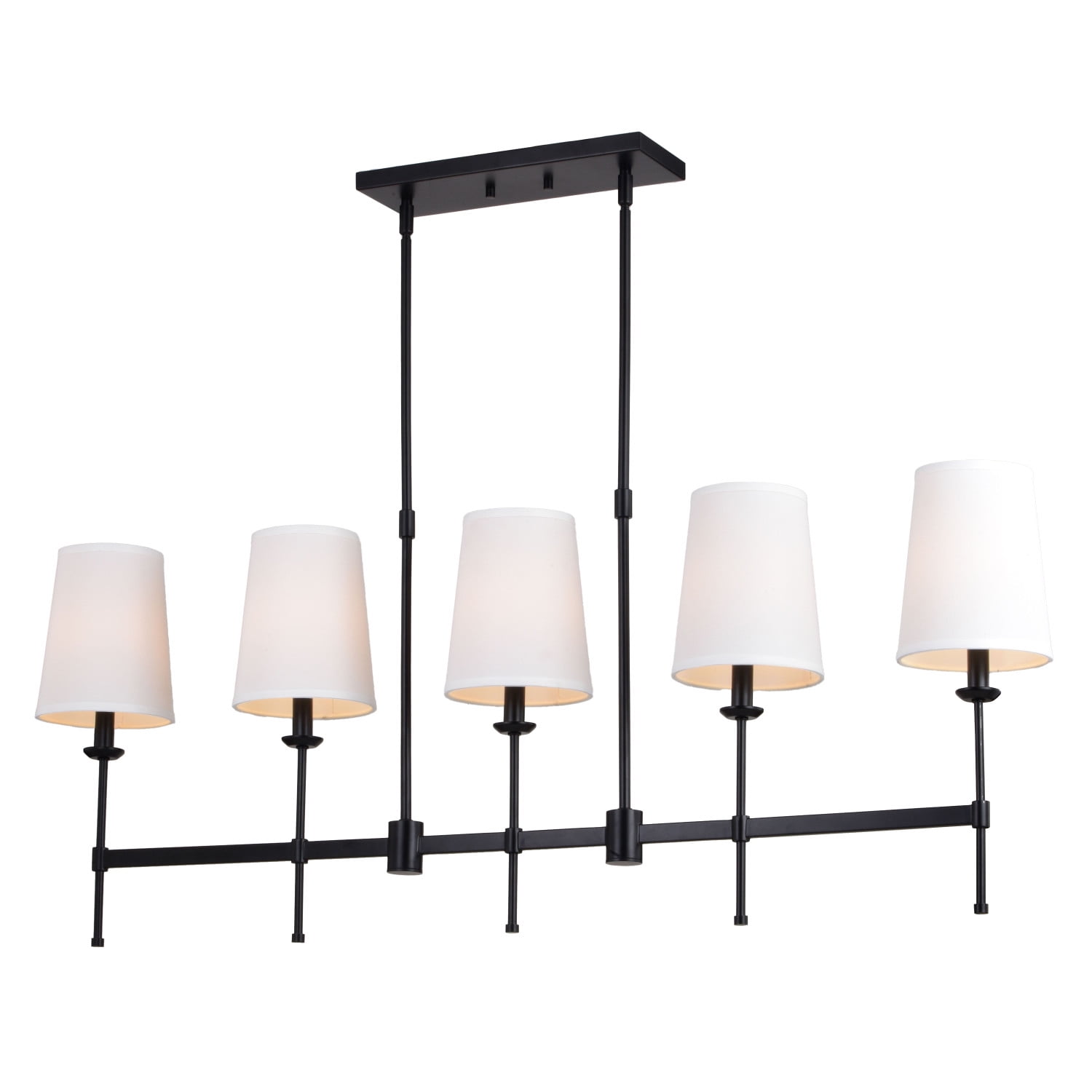 Camden 5 Light Matte Black Linear Chandelier Island Pendant Fixture White Fabric Shade, LED Compatible