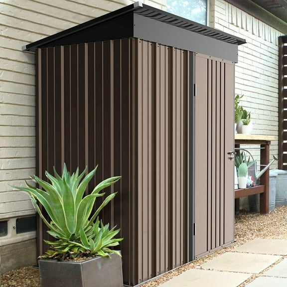 YUONAO 5x3 FT Outdoor Storage Shed with Floor, Lockable Waterproof Tool Shed for Backyard, Patio, Garden, Lawn – Galvanized Steel Metal Storage House, Brown