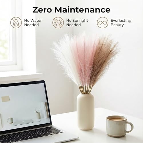 Pampas Grass Decor 30pcs 21.7 Inch, Faux Pampas Grass White Pink Brown Artificial Dried Flowers Fluffy No Shedding for Boho Wedding Home Bedroom Vase Filler