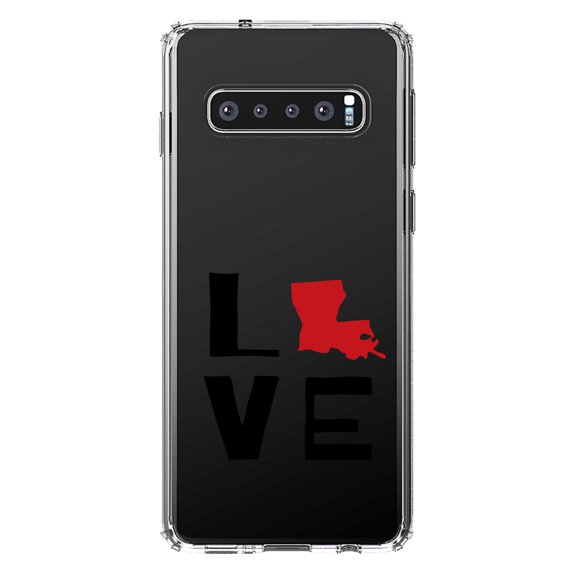 DistinctInk Clear Shockproof Hybrid Case for Samsung Galaxy S10  PLUS (6.4" Screen) - TPU Bumper Acrylic Back Tempered Glass Screen Protector - Louisiana - Love Black & Red