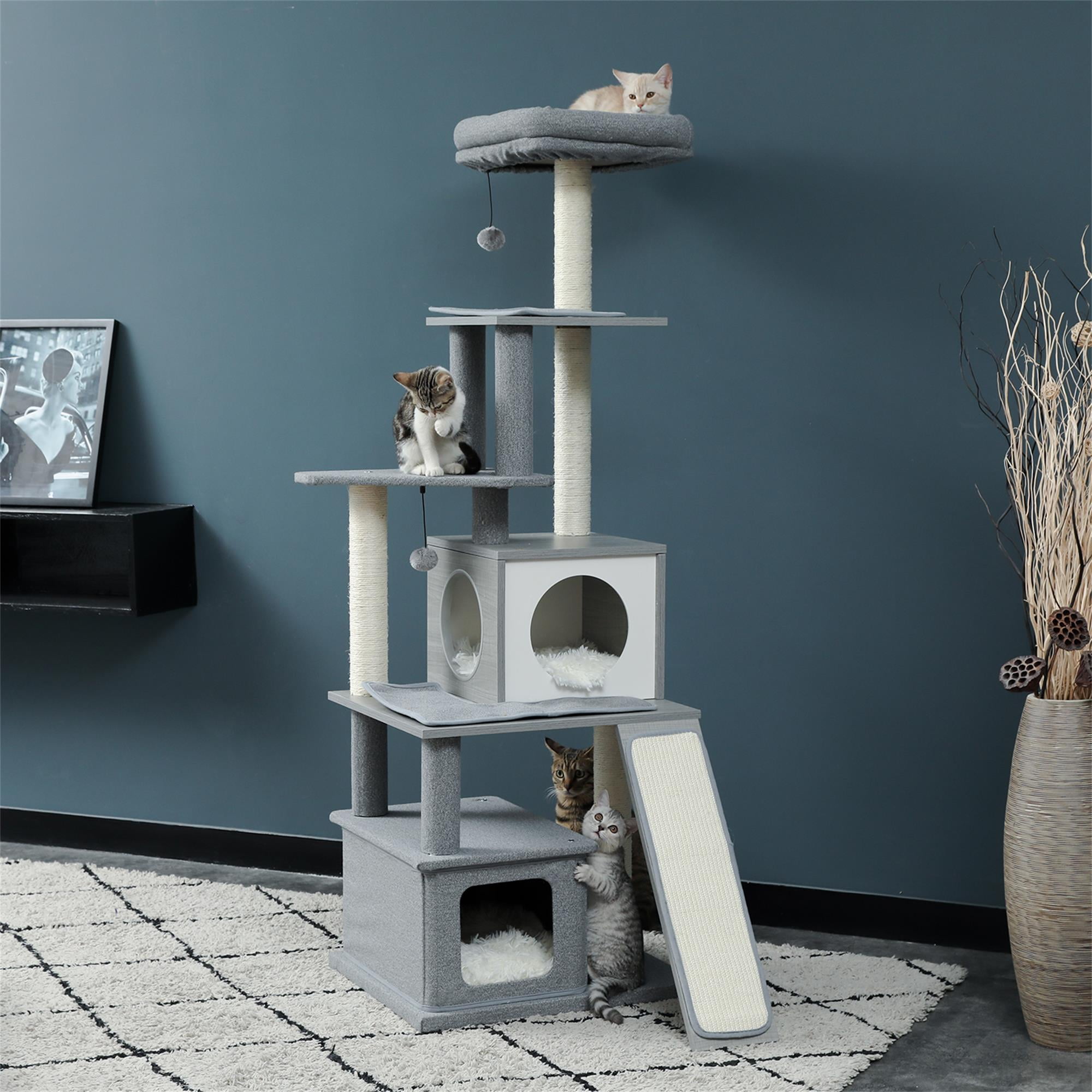 resenkos 61" Cat Tree Tower for Indoor Wood Kitten Furniture Cat Condo for Adult Cats Activity Center Play House with Ladder, Gray