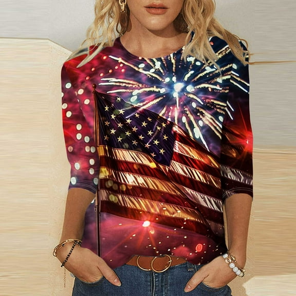 AOOCHASLIY American Flag Star Women Tops Women's Independence Day Fashion Printed Round Neck 3/4 Sleeve T-shirt Top