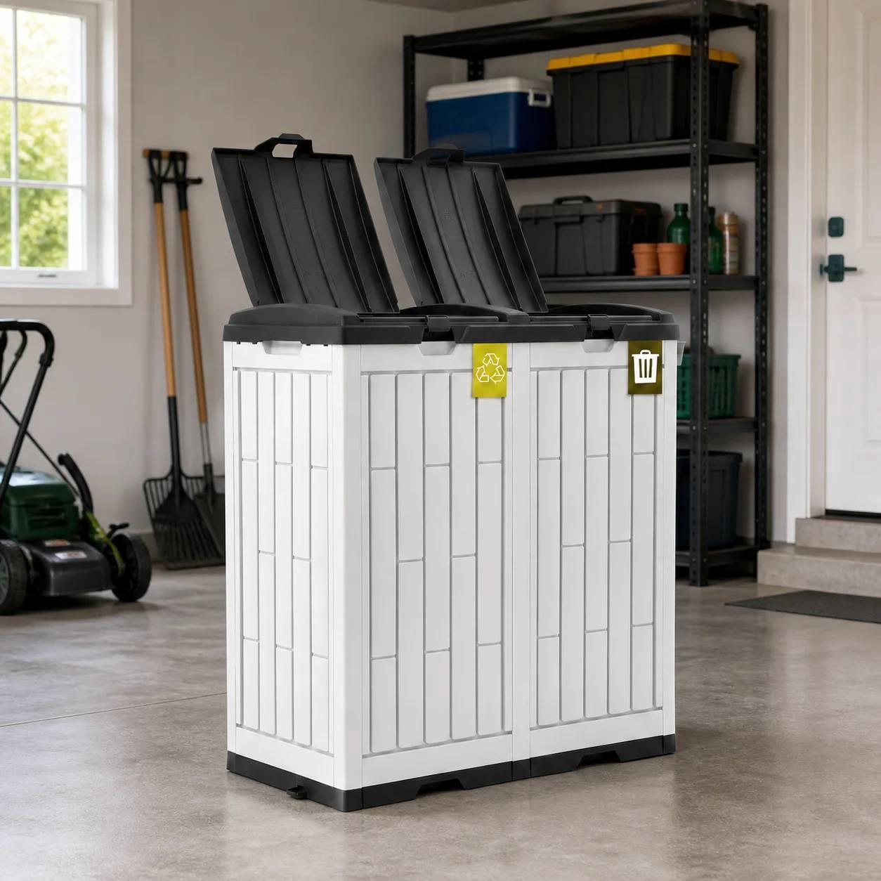 Uforic 76 Gallon Outdoor Trash Can, Resin Garbage Bin with Sorting Labels, Ash Holder, Lid, Stakes & Suction Cups for Patio Backyard Garden, White