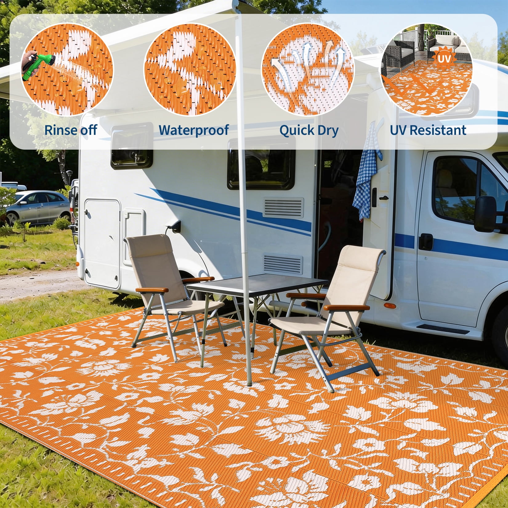 Garvee 10'x14' Outdoor Rug Waterproof Floral Camping Carpet, Reversible Plastic Straw Rug Outdoor Rug for Patio RV Balcony Backyard, Orange