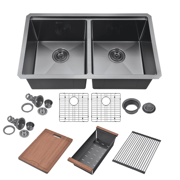 Zeek 32" Workstation Double Bowl Gunmetal Matte Black Undermount Kitchen Sink With Accessories PVD Nano Tech Coating ENZO ZW-B509