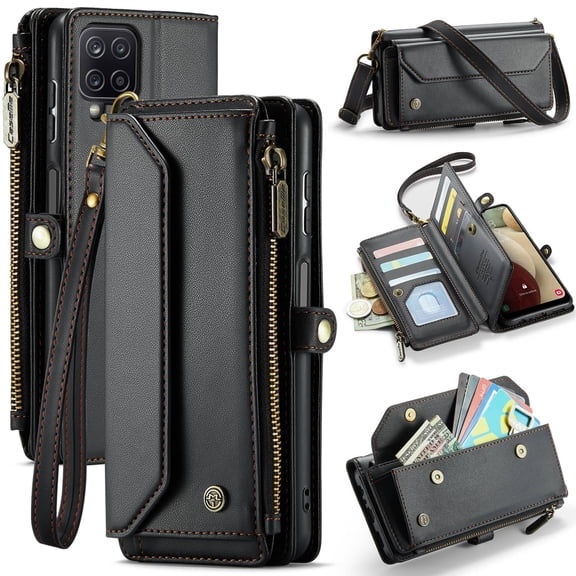 Crossbody for Samsung Galaxy A12 Case Wallet【RFID Blocking】with 10-Card Holder Zipper Bills Slot, Soft PU Leather Magnetic Shoulder Wrist Strap for Galaxy A12 Wallet Case Women