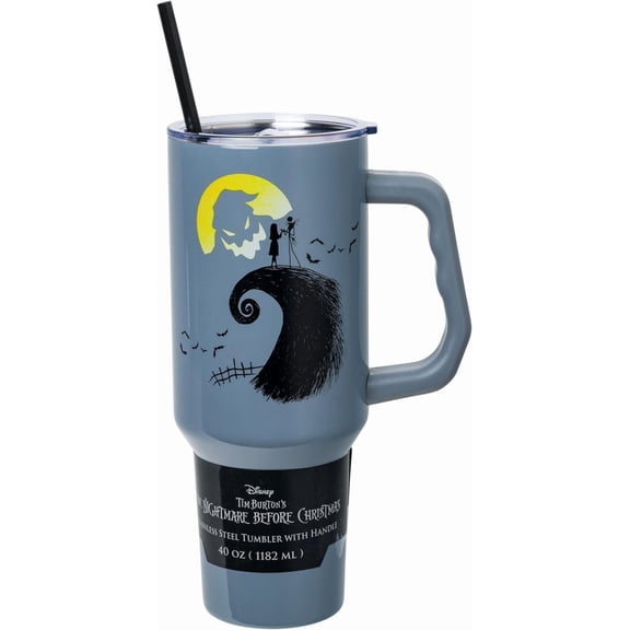 Silver Buffalo Disney Nightmare Before Christmas Featuring Oogie Boogie, Jack Skellington, Sally Double Walled Stainless Steel Tumbler with Handle and Straw, Fits Standard Cup Holder, 40 Ounces