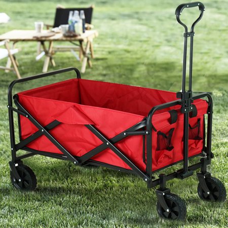MIKOO Big Bucket Cart, Collapsible Wagon with 2 Drink Holders and Wheels, Black