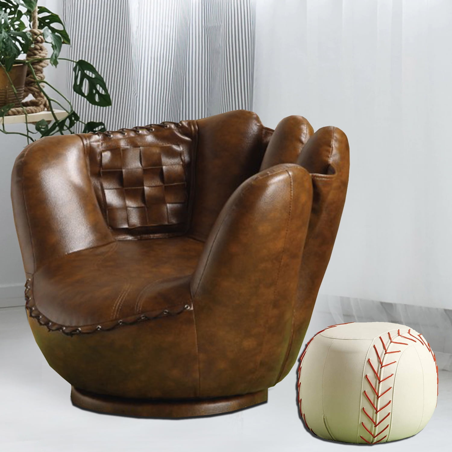 BenJara Baseball Glove Chair Ottoman, Brown/White