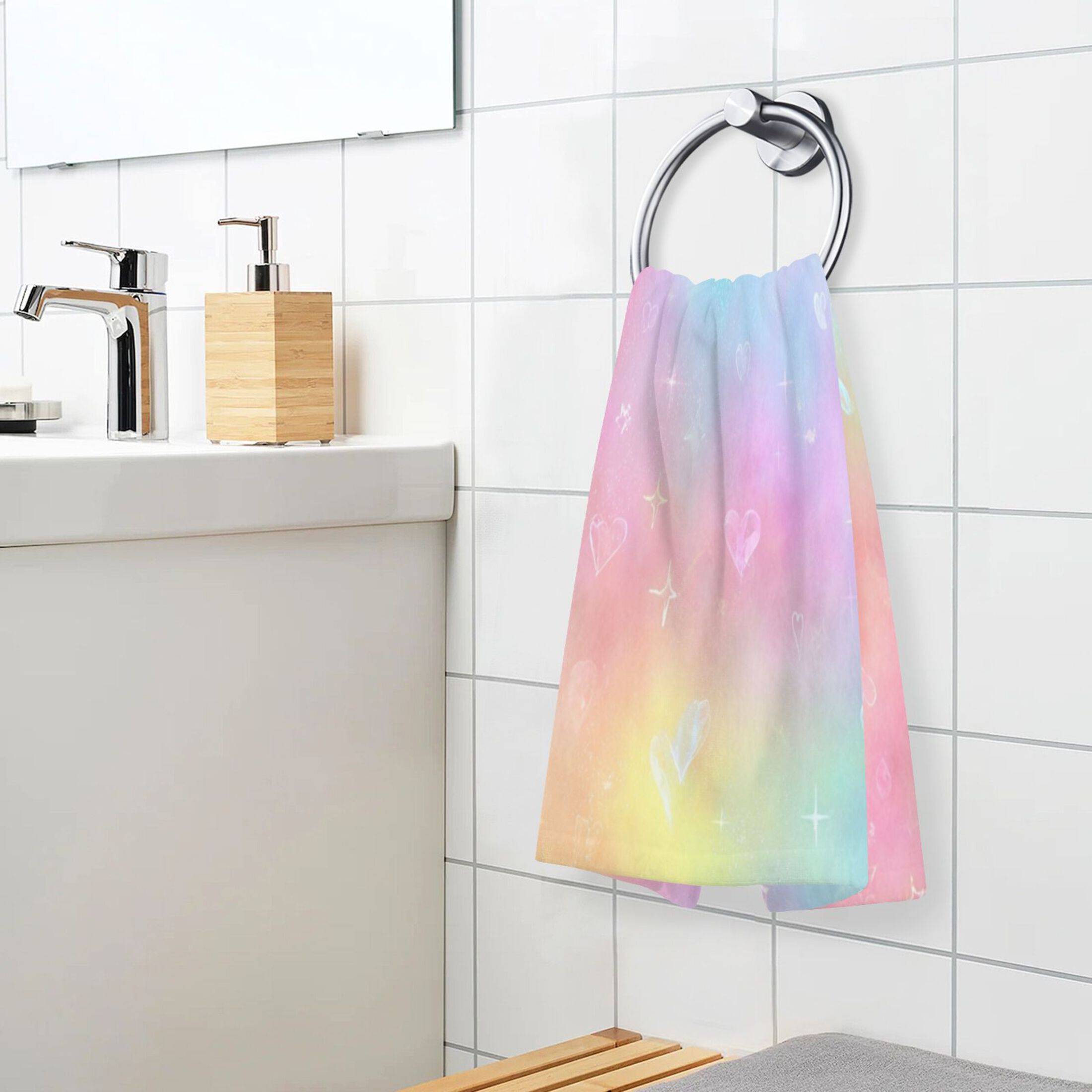 2 Pcs Hand Towels Sets Pastel Rainbow Tie-dye Cotton Towel Set Absorbent Face Towel for Bathroom Kitchen Shower Hotel Decor
