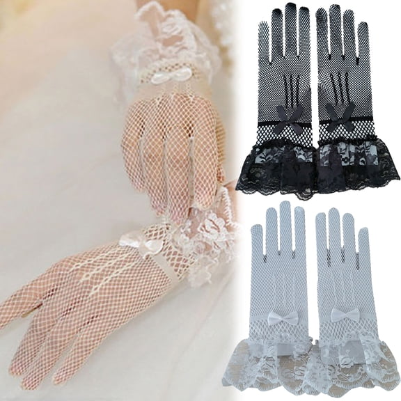 Walbest Ladies Lace Mesh Bowknot Gloves for Wedding Bridal, Elegant Short Lace Full Finger Gloves Wrist Lace Gloves for Opera Dinner Party