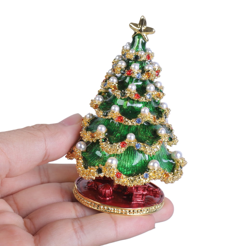 Oasiva Hand Painted Decorative Hinged Trinket Box Christmas Tree Jewelry Organizer