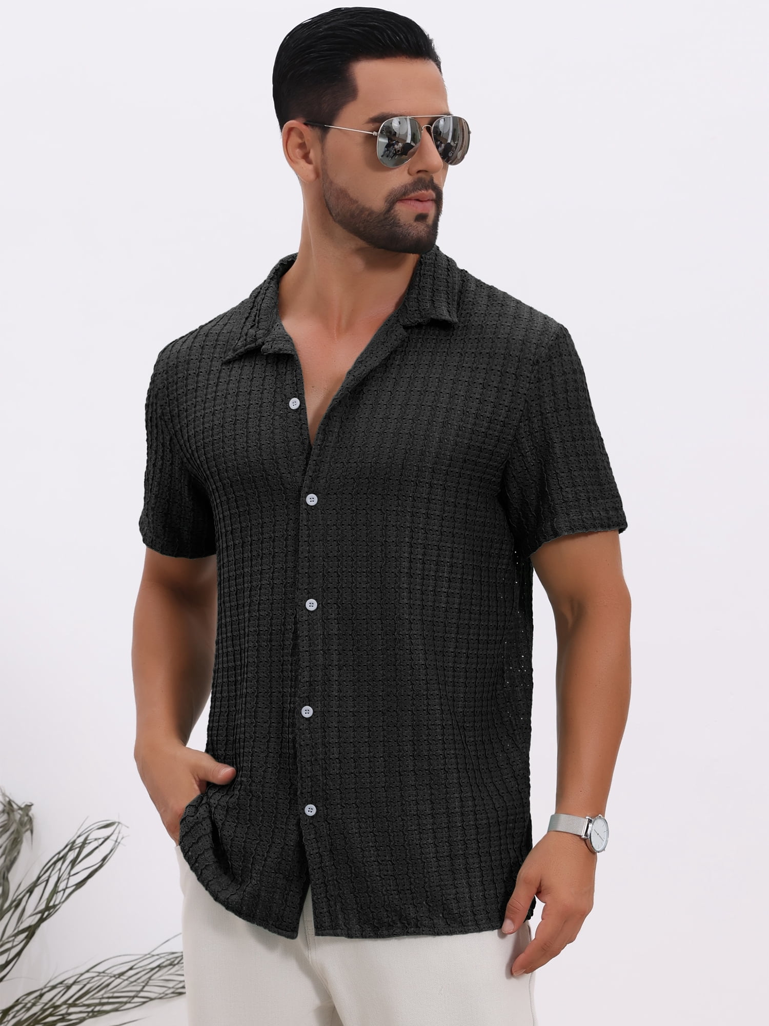 DARING DIVA Men's Casual Knitted Hollow Out Short Sleeve Shirt M Black