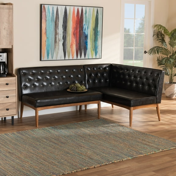 Baxton Studio Riordan Mid-Century Modern Dark Brown Faux Leather Upholstered and Walnut Brown Finished Wood 2-Piece Dining Nook Banquette Set