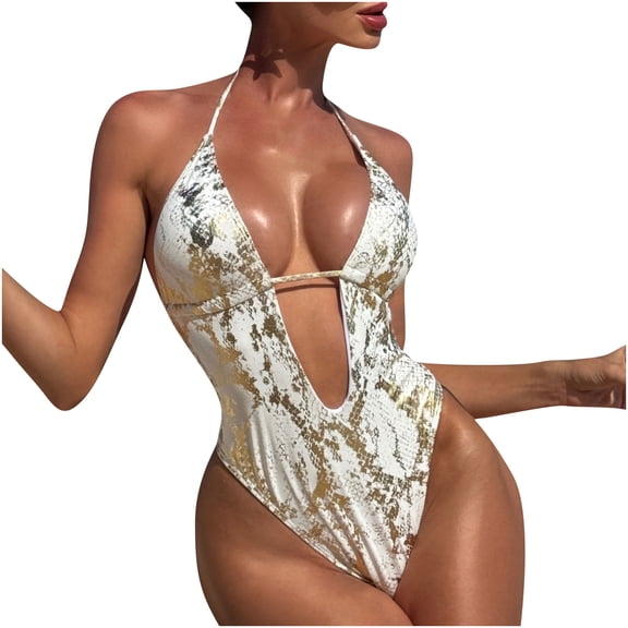 Dasayo Halter Women Swimsuits One Piece Sparkly V-Neck Bandage Cheeky Graphic Print Swimwear Bathing Suits for Women L