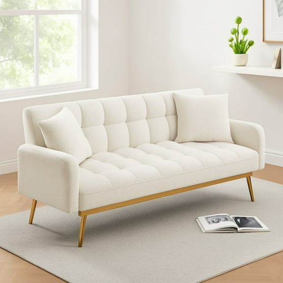 Convertible Futon Sofa Bed,69 Inch Modern Teddy Loveseat Sofa Couch with Adjustable Backrest for Small Space,Living Room,Beige