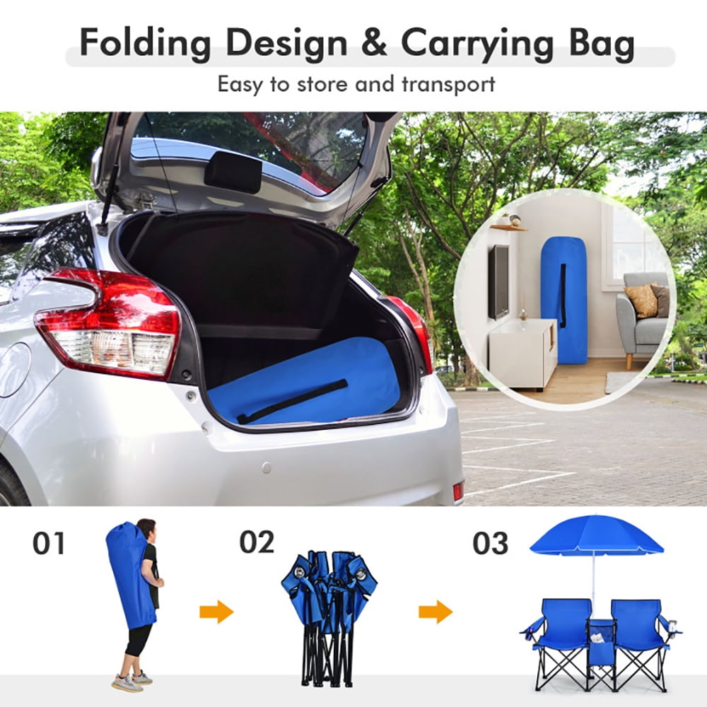 Aimee Lii Portable Folding Picnic Double Chair with Umbrella, Double Camping Chairs for Adults, Blue Aimee Lii Portable Folding Picnic Double Chair with Umbrella, Double Camping Chairs for Adults, Blue