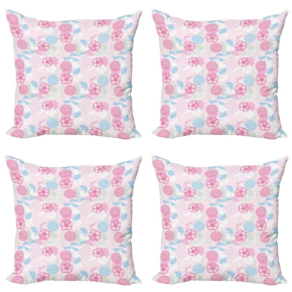 Ambesonne Floral Throw Pillow Cover 4 Pack, Flowers Ivy Leaves Buds, 24", Pale Green Pale Blue