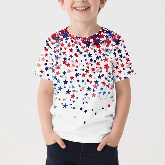 Avrnliq Kids Patriotic Star Print T-Shirt, Red White Blue Short Sleeve, Unisex Summer Tee for Boys Girls (Sizes 110-170),Size 5-6T