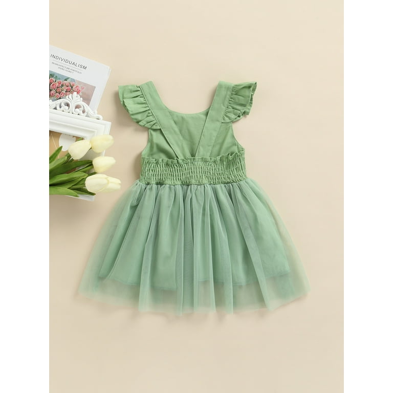 wybzd Baby Girls Fly Sleeve Dress Fashion Solid Color Round Neck Mesh Yarn  Stitching A-line Dress Green 4-5 Years
