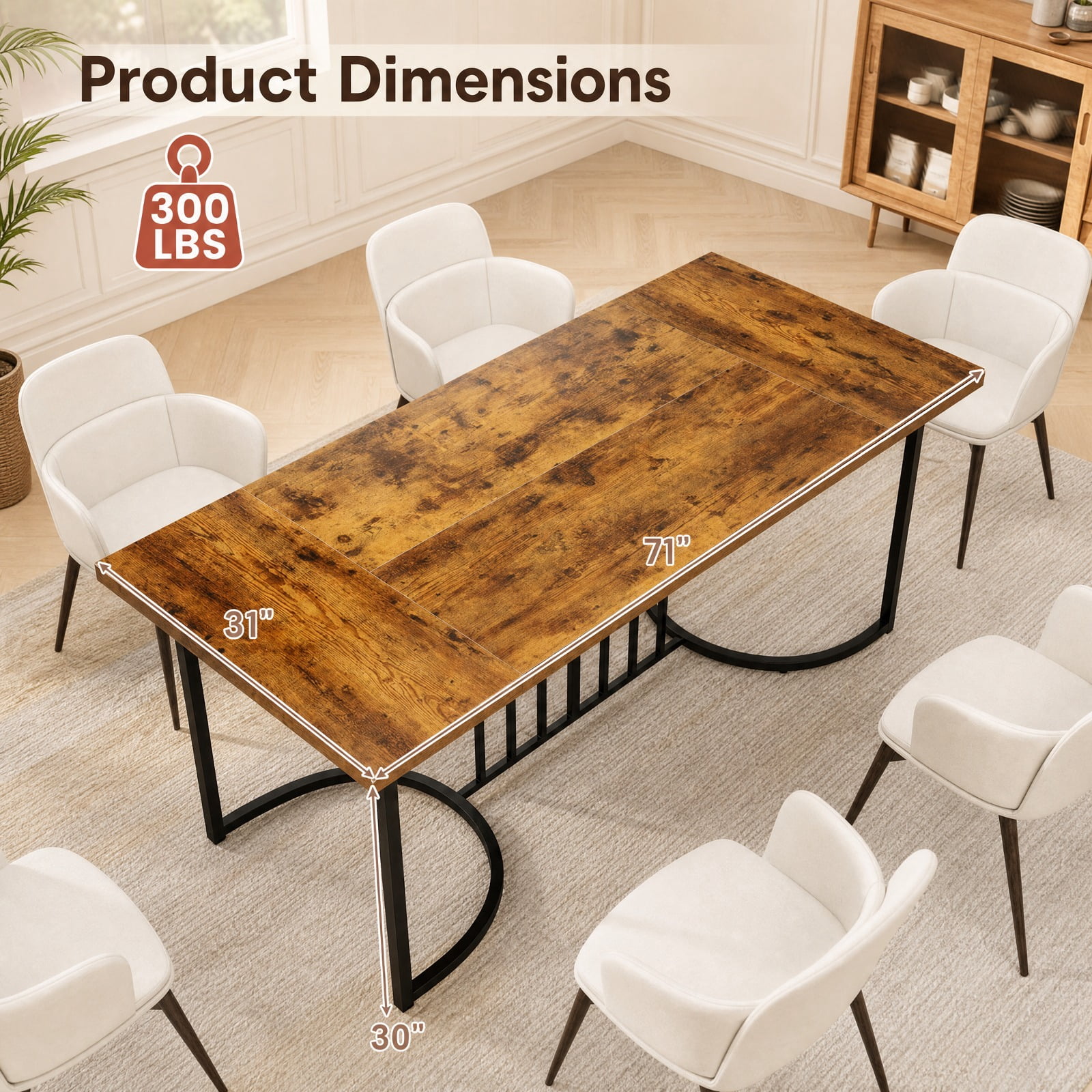 Furnibear 71 Inch Large Rectangular Dining Table for 6 to 8 People with Heavy Duty Metal Frame for Kitchen and Restaurant, Rustic Brown