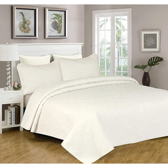 Sapphire Home 3-Piece Full/Queen Oversize Bedspread Coverlet Bedding Set w/2 Shams, Soft Touch, Solid, Stylish Embossed Pattern, All-Season Oversize Comforter Bed Cover, Emma Queen Ivory