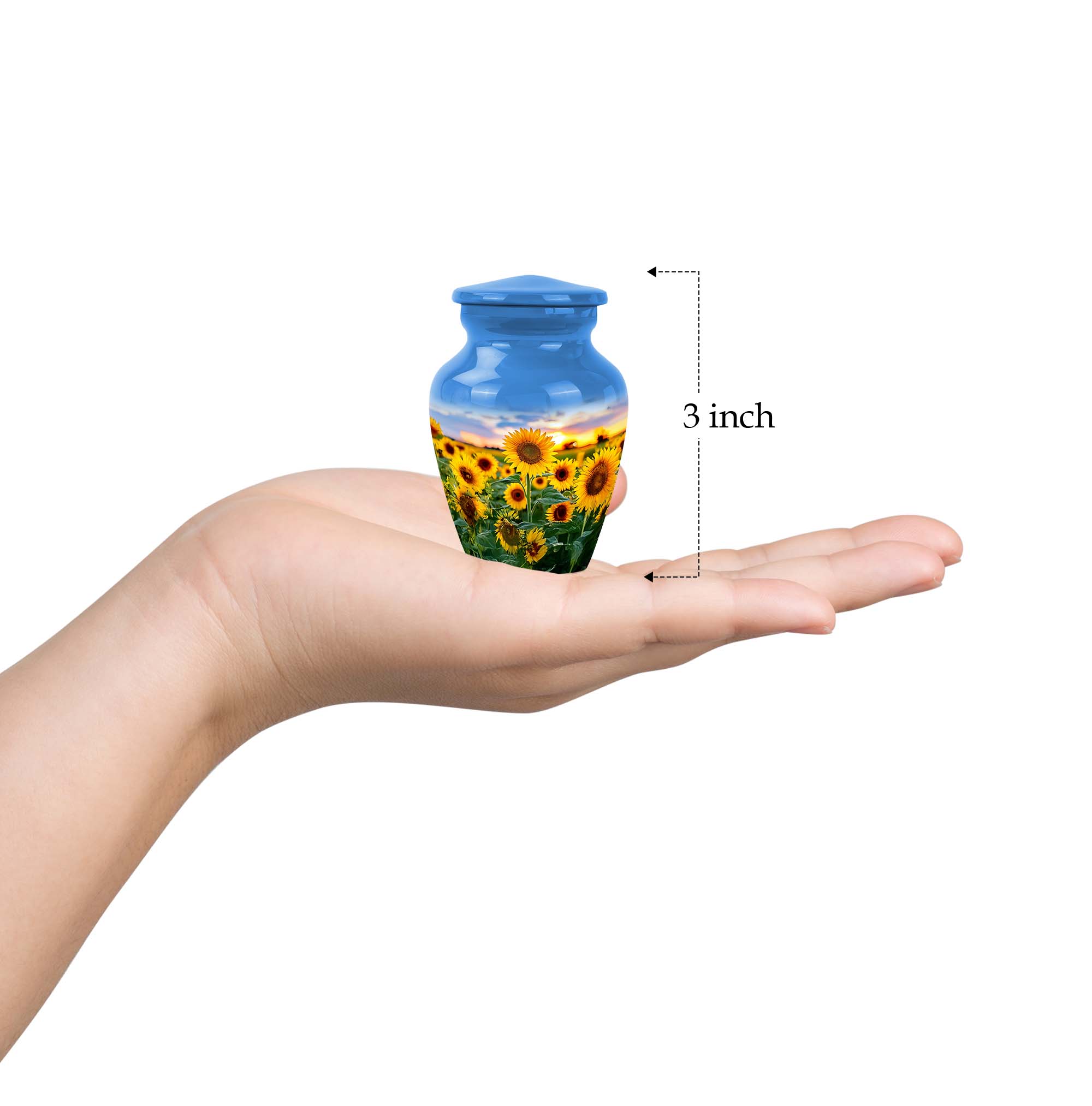 Sunflower Memorial Urn For Adult Women - Keepsake Urns For Human Ashes Adult Man - 10 Inch Funeral Cremation Urns For Mom, Blue Urn For Human Ashes For Female Set Of 4, 3 Inch Small