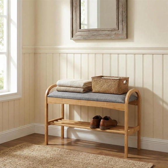 Topcobee 2-Tier Bamboo Shoe Bench with Padded Cushion and Shelf, Modern Furniture for Home Living Room-Gray