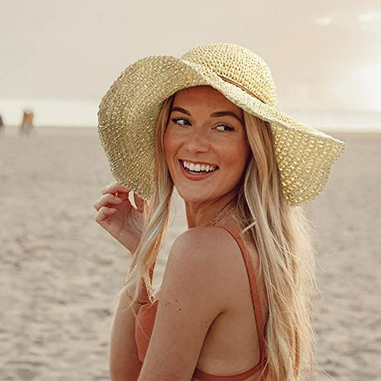 Sun Hats for Women UV Protection Wide Brim UPF 50 Foldable Lightweight  Packable Straw Hats,White 