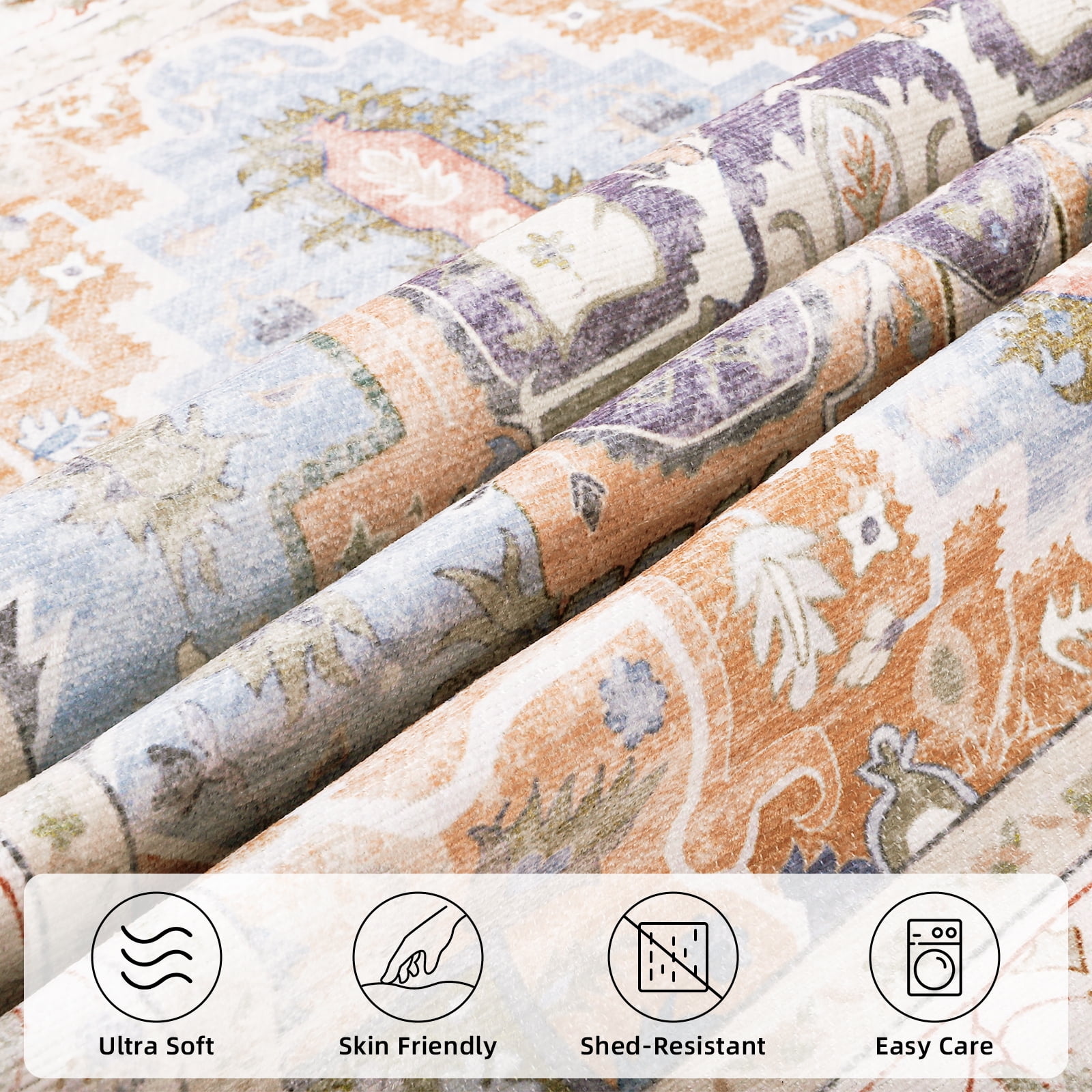 Vintage Living Room Area Rug 8x10 - Large Soft Washable Oriental Traditional Distressed Farmhouse Rugs for Bedroom, Indoor Floor Accent Non-Slip Carpet for Living Room Kitchen Office, Easy-Cleaning