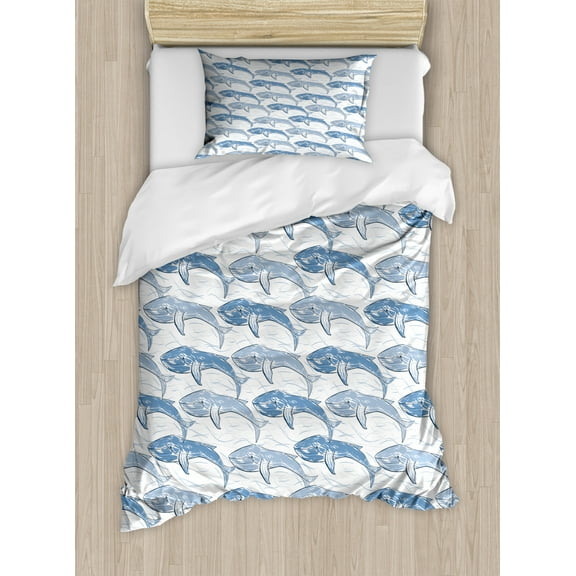 Whales Duvet Cover Set Twin Size, Bicolor Cachalot with Grunge Hand Painting Style Ocean Waves Repetition, Decorative 2 Piece Bedding Set with 1 Pillow Sham, White Pale Ceil Blue, by Ambesonne