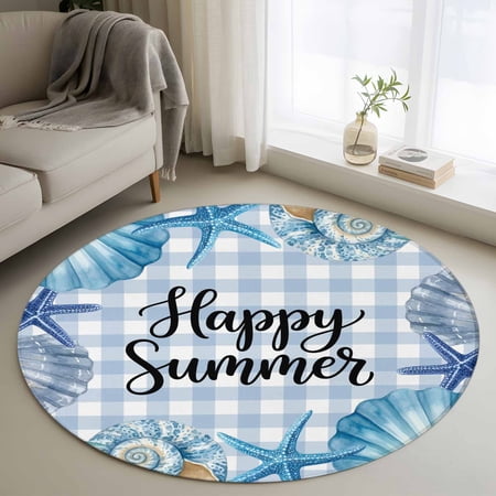 Area Rug 48in Happy Summer Shells Sea Stars Floor Carpet Living Room Rug Blue White Plaid Non-Slip Welcome Mat Indoor Rugs for Bedroom Dining Room