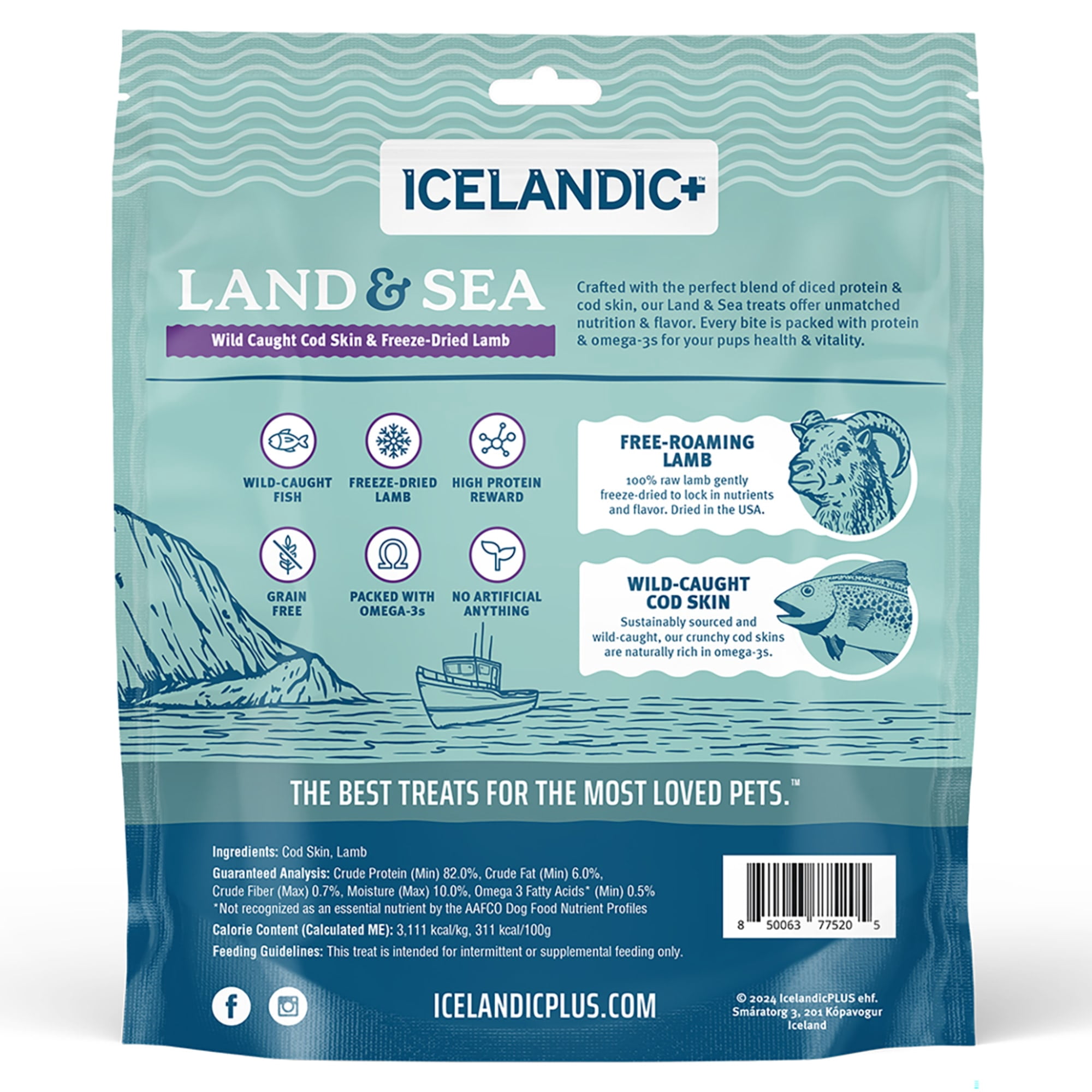 Icelandic+ Land & Sea Wild Caught Cod Skin & Freeze-Dried Lamb - 6.75oz Bag, Dog Treat & Food Topper, 2 Ingredients, No Preservatives, All Natural